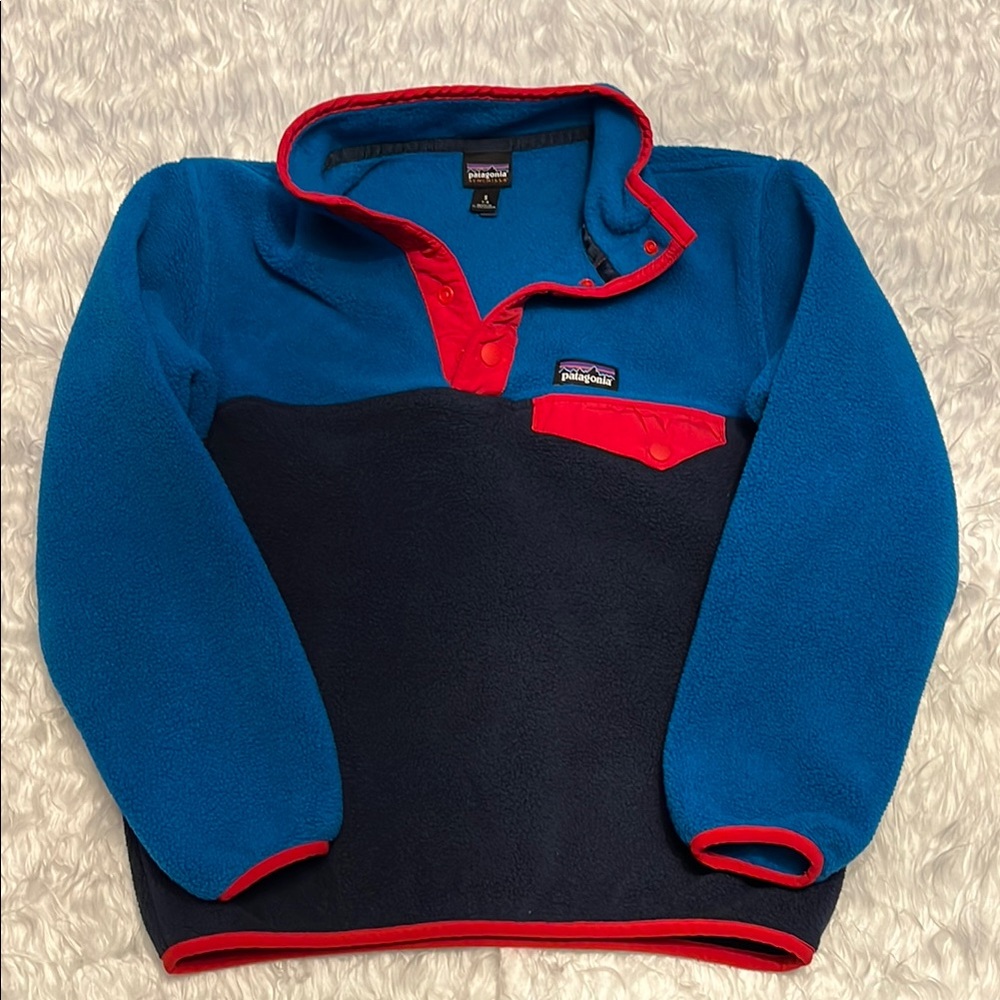 PATAGONIA Synchilla FleeceYouth S (7-8)Colorblock Snap Pullover Blue Red